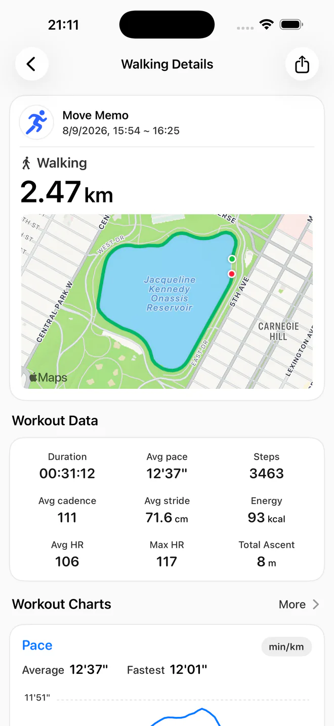 Move Memo outdoor-walk detail with route and workout metrics
