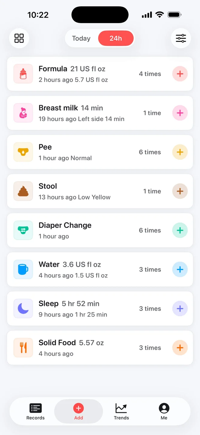 Our Tiny Days Add page list view with common record types and recent totals