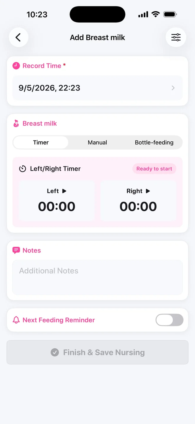 Our Tiny Days breastfeeding entry with separate left- and right-side timers