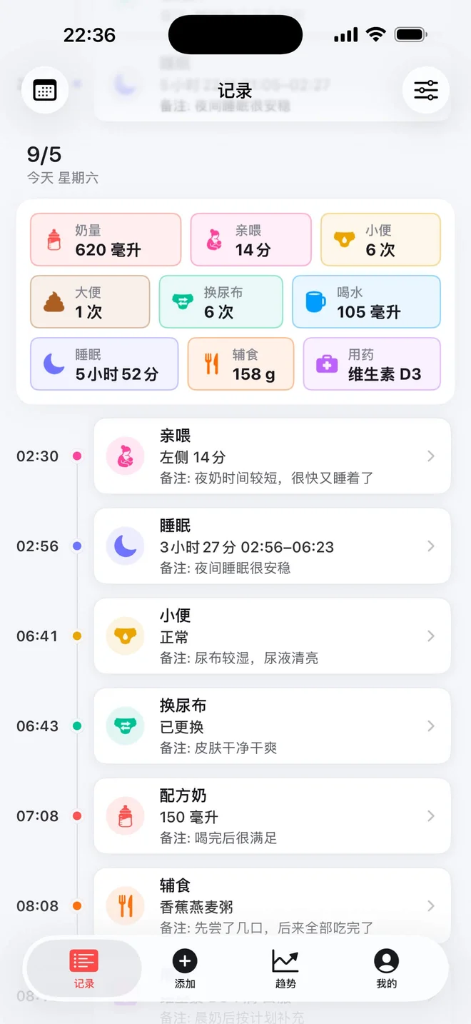 点点长大记录页时间线，展示日期组头、当日汇总与照护记录